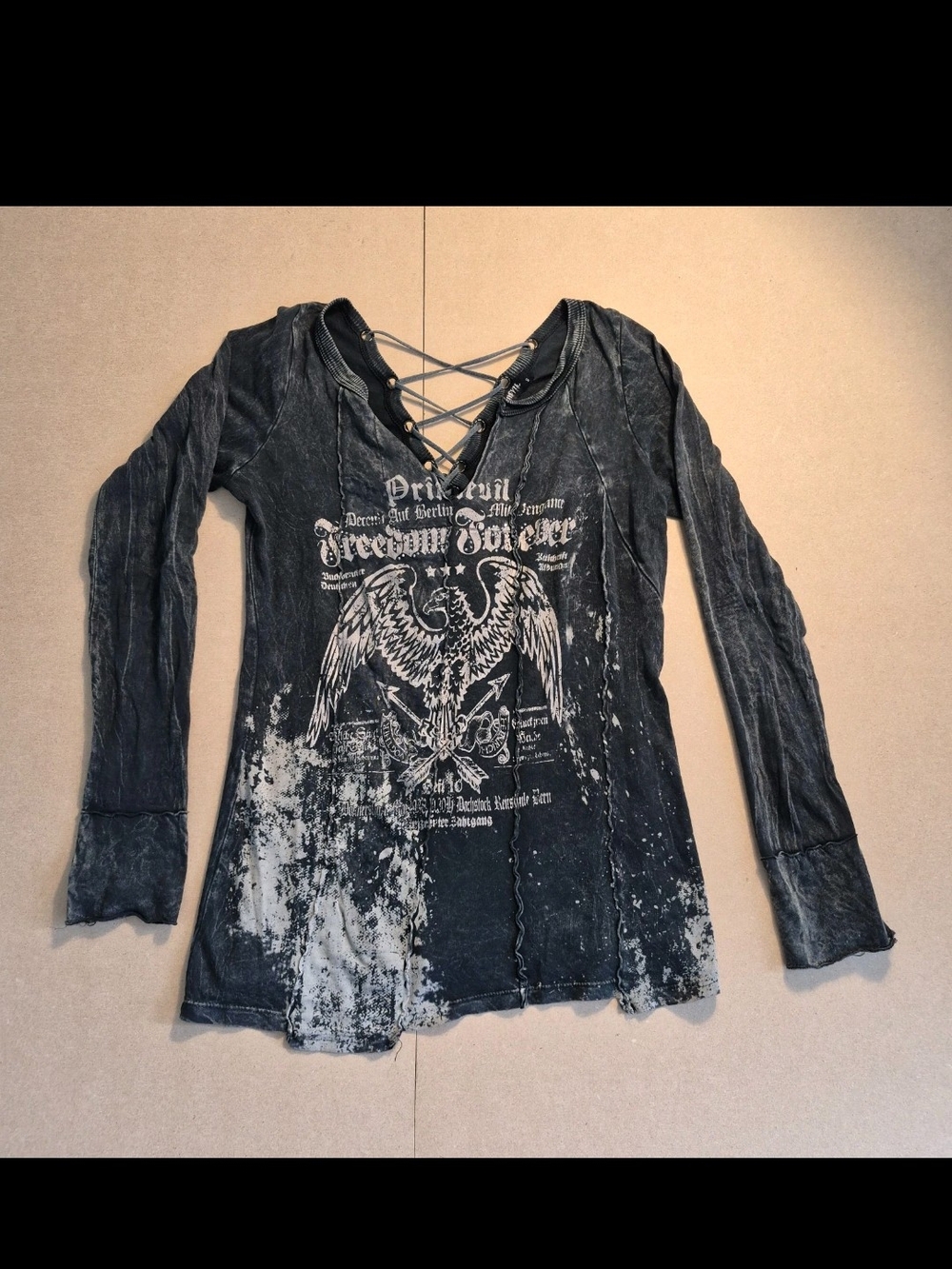 Primevil "Freedom Forever" Lace-Up Black Graphic Long Sleeve Top. S